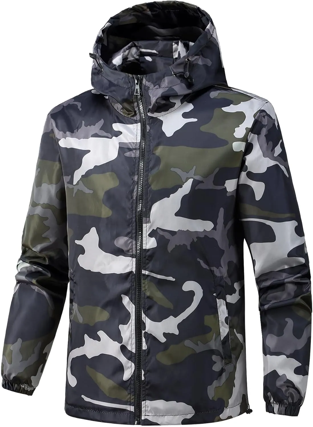 evzosrz Men's Camo Windbreaker - Lightweight Waterproof Rain Jacket, Zip Up Breathable Shell Hooded Outdoor Jackets Raincoat