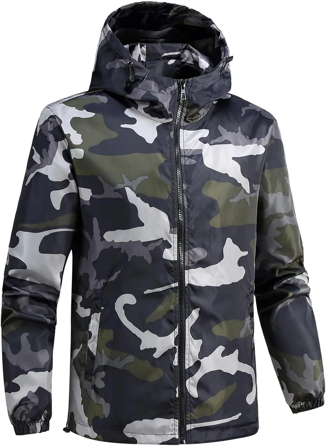 evzosrz Men's Camo Windbreaker - Lightweight Waterproof Rain Jacket, Zip Up Breathable Shell Hooded Outdoor Jackets Raincoat