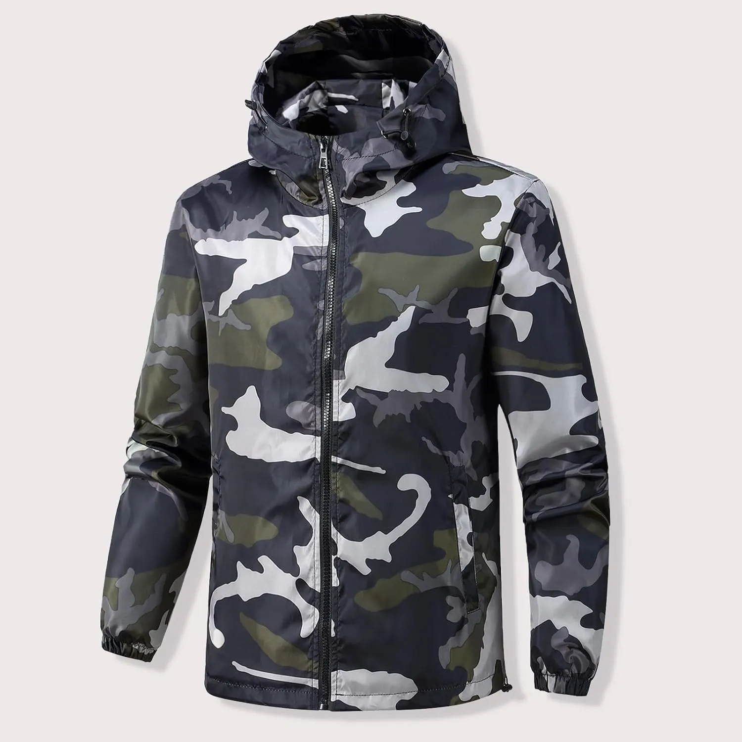 evzosrz Men's Camo Windbreaker - Lightweight Waterproof Rain Jacket, Zip Up Breathable Shell Hooded Outdoor Jackets Raincoat