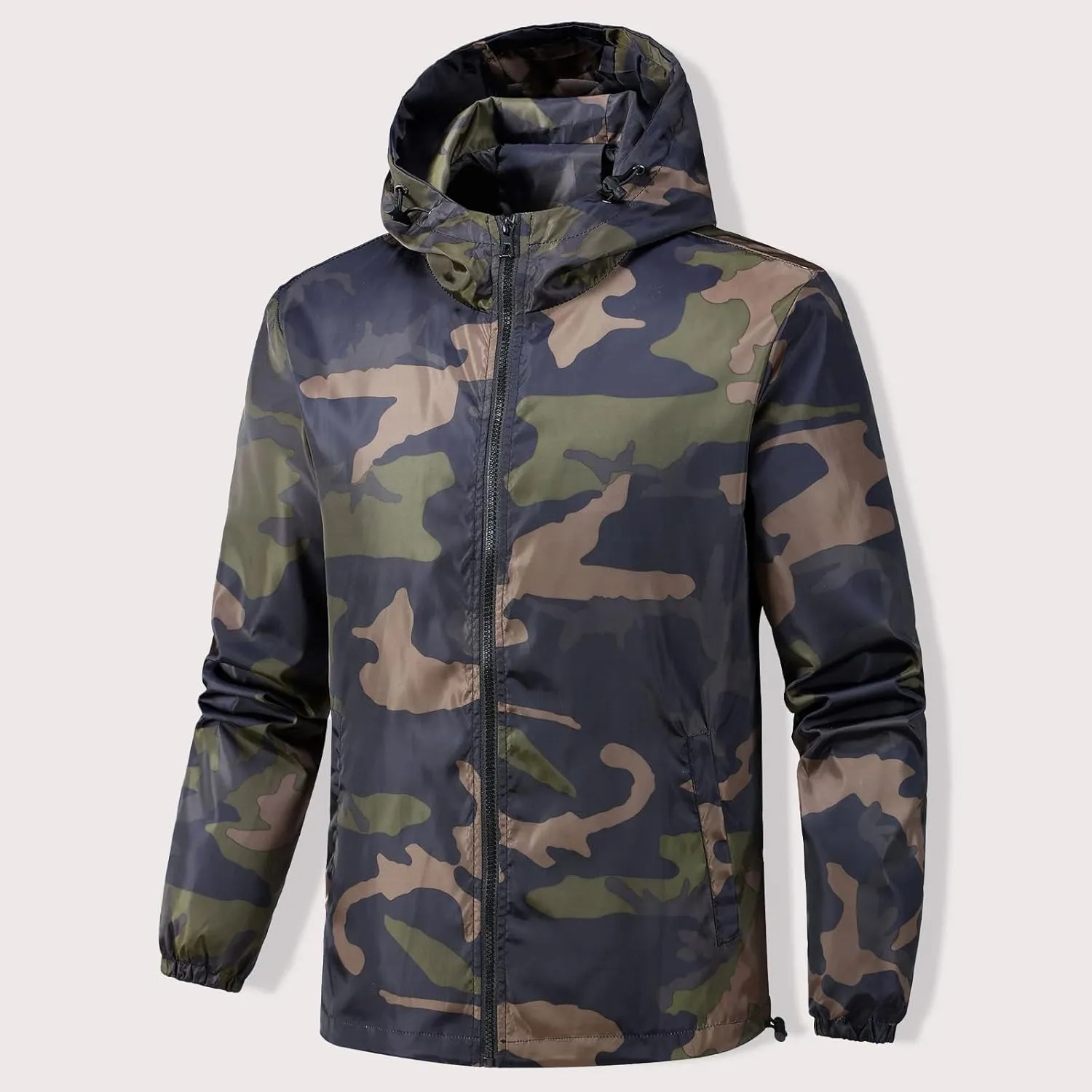 evzosrz Men's Camo Windbreaker - Lightweight Waterproof Rain Jacket, Zip Up Breathable Shell Hooded Outdoor Jackets Raincoat