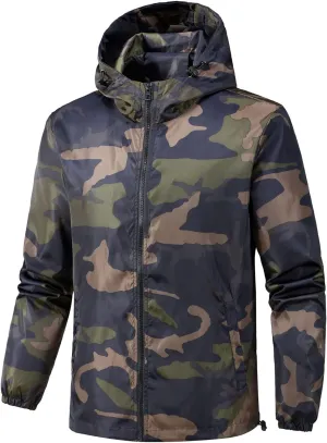 evzosrz Men's Camo Windbreaker - Lightweight Waterproof Rain Jacket, Zip Up Breathable Shell Hooded Outdoor Jackets Raincoat