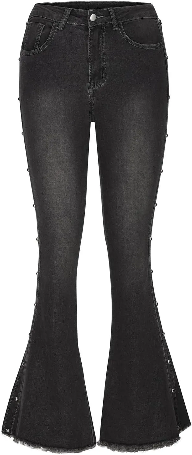 Flare Jeans for Women Plus Size High Waisted Stretch Bell Bottom Jeans Casual Fashion Y2k Denim Pants Side Rhinestone
