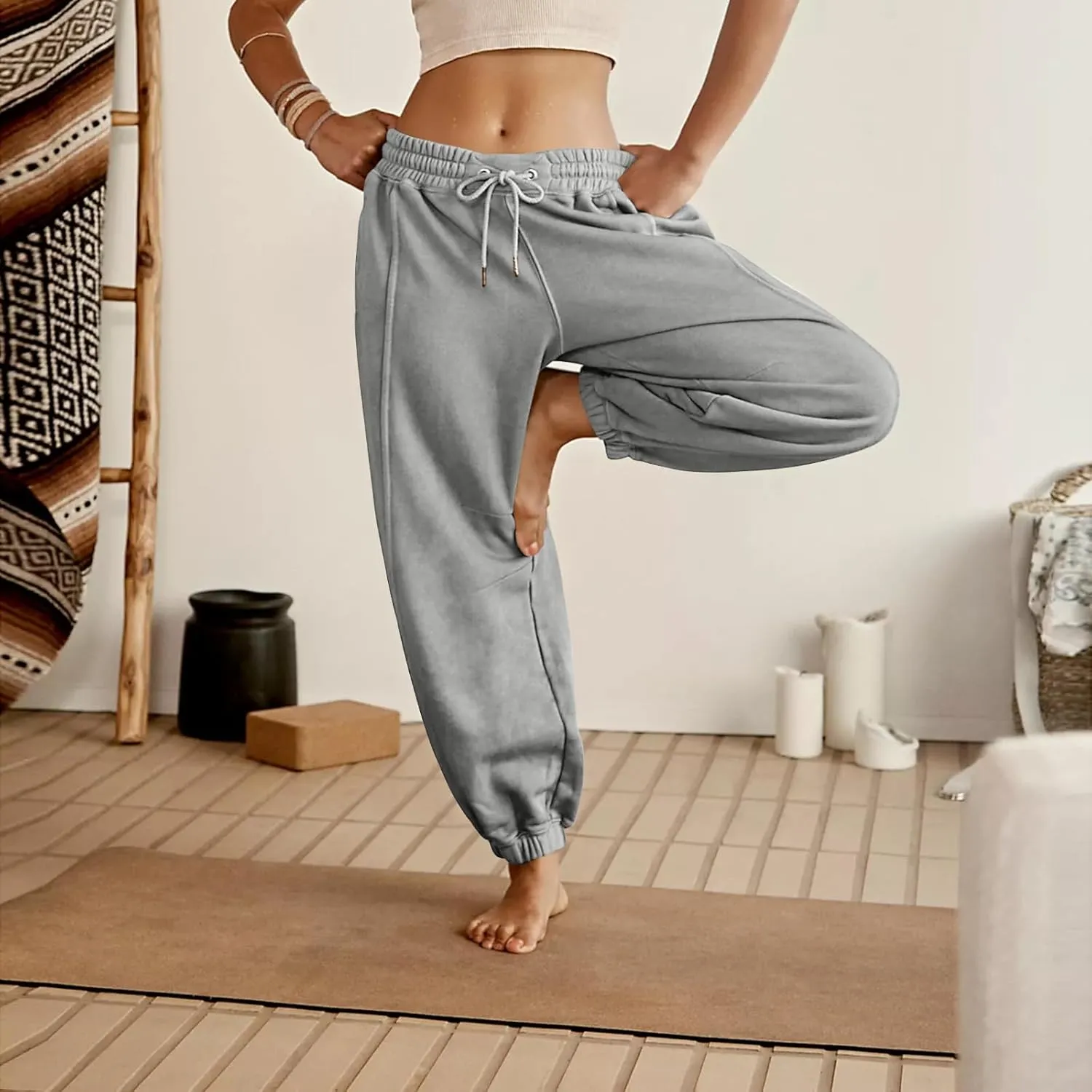 Fleece Lined Joggers Women Baggy Y2k Low Rise Sweatpants Loose Fit Athletic Pants Stretchy Yoga Pants with Pockets