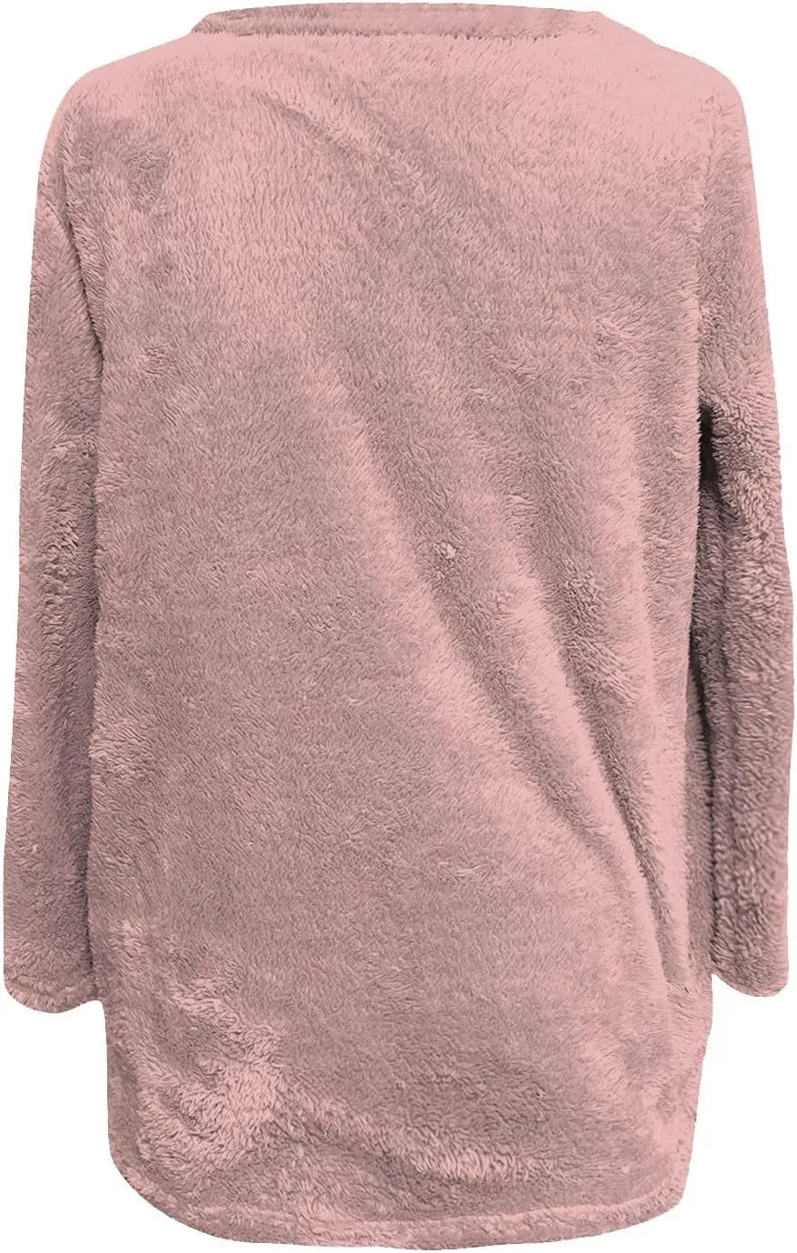 Fleece Pullover Women Fuzzy Sweaters for Women Crew Neck Sweatshirts Winter Warm Loungewear Tops with Pockets