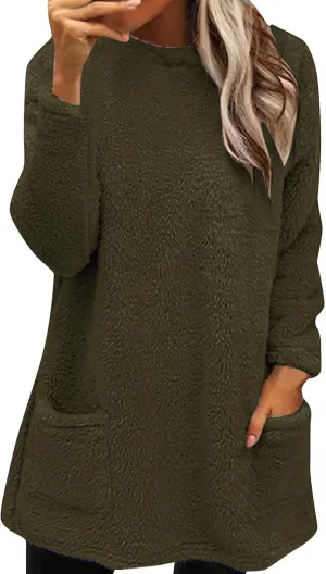 Fleece Pullover Women Fuzzy Sweaters for Women Crew Neck Sweatshirts Winter Warm Loungewear Tops with Pockets