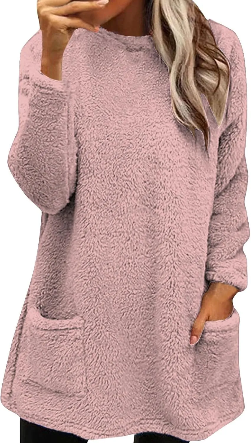 Fleece Pullover Women Fuzzy Sweaters for Women Crew Neck Sweatshirts Winter Warm Loungewear Tops with Pockets
