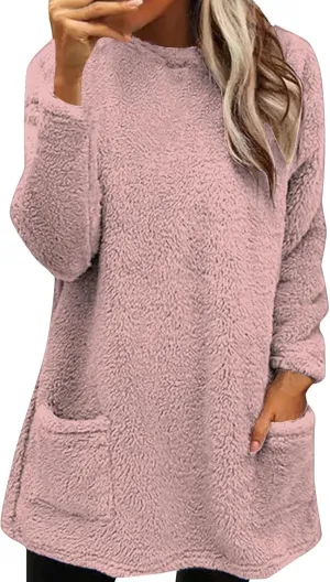 Fleece Pullover Women Fuzzy Sweaters for Women Crew Neck Sweatshirts Winter Warm Loungewear Tops with Pockets
