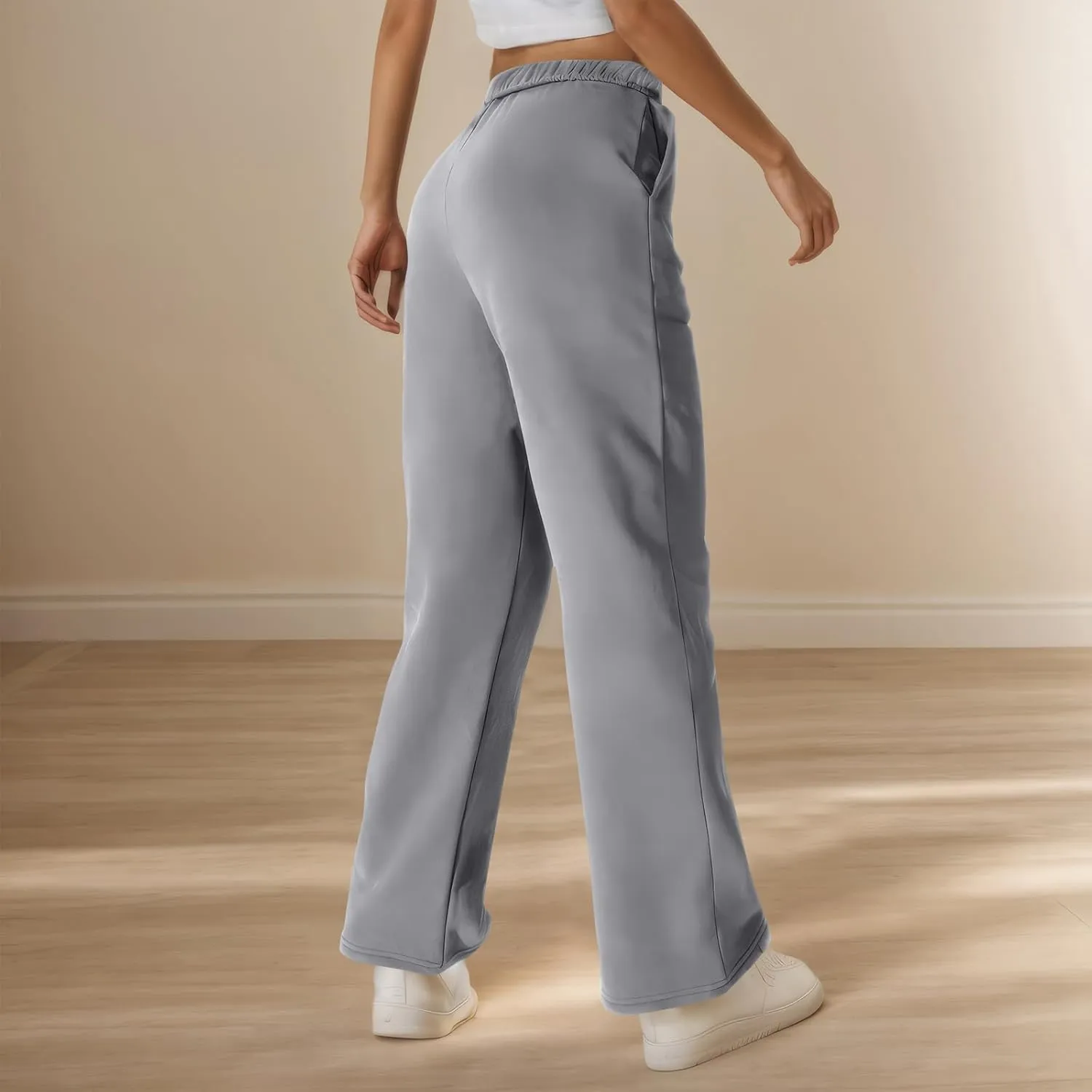 Fleece Wide Leg Sweatpants Women Baggy Lightweight Lounge Pants with Pockets Elastic High Waisted Athletic Pants