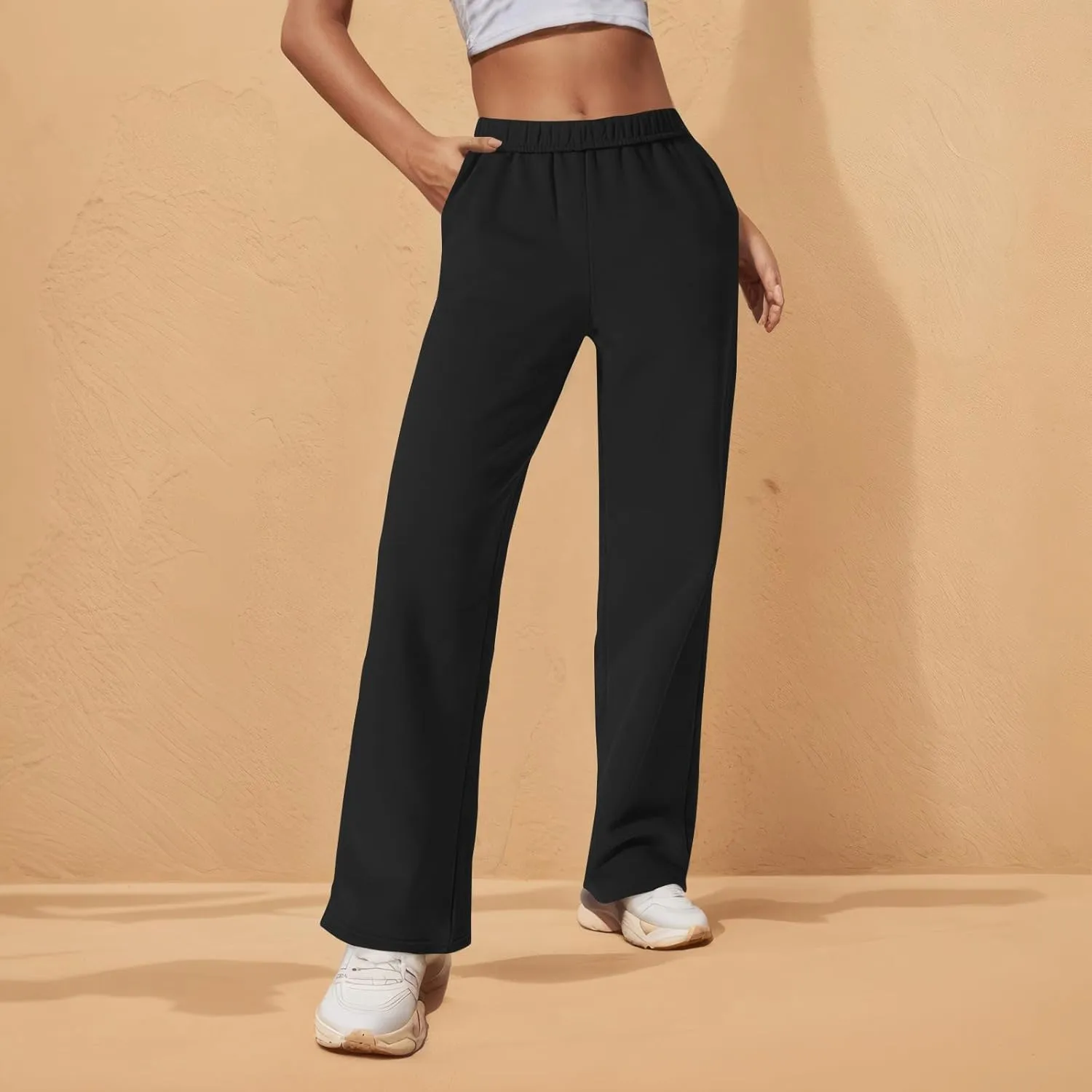 Fleece Wide Leg Sweatpants Women Baggy Lightweight Lounge Pants with Pockets Elastic High Waisted Athletic Pants