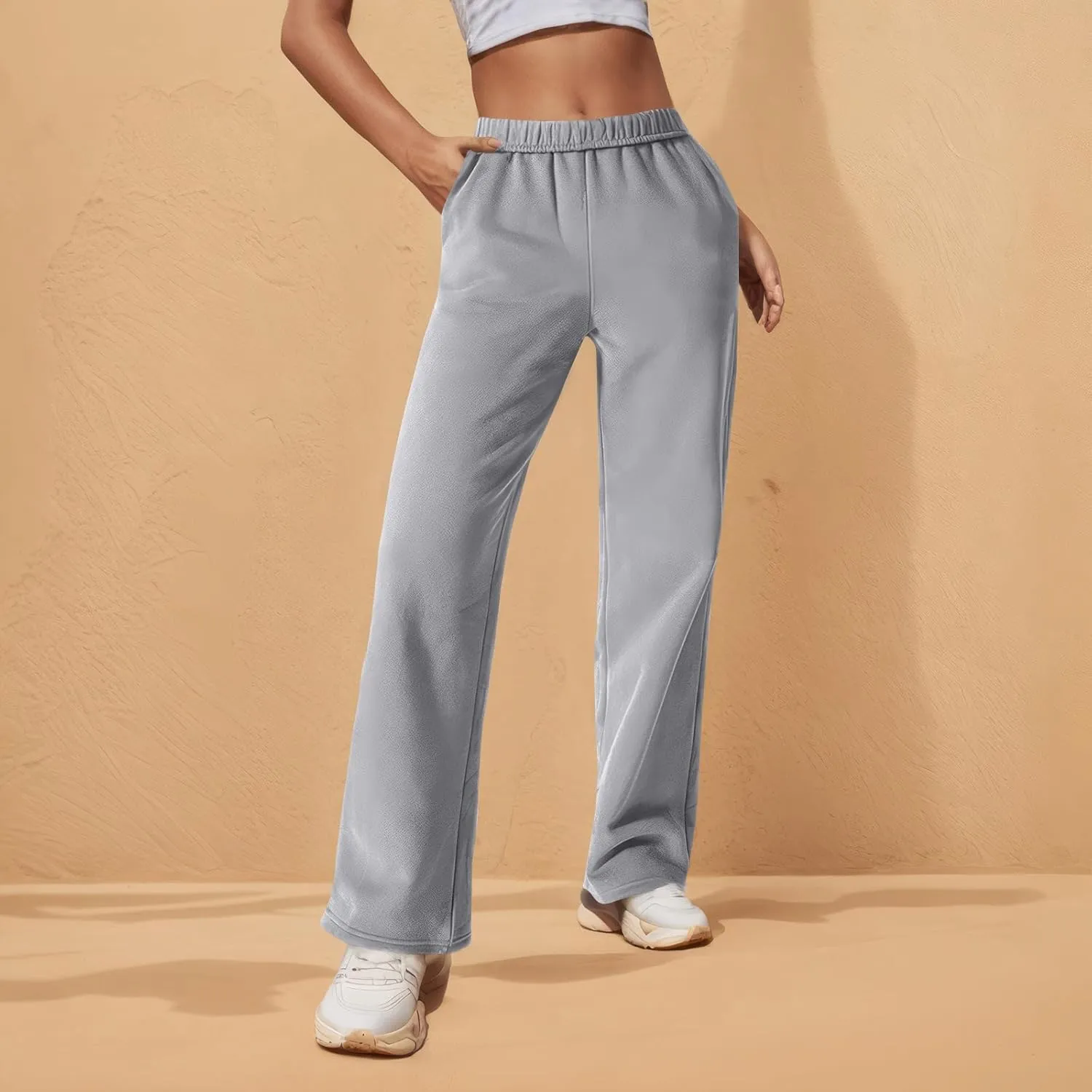 Fleece Wide Leg Sweatpants Women Baggy Lightweight Lounge Pants with Pockets Elastic High Waisted Athletic Pants