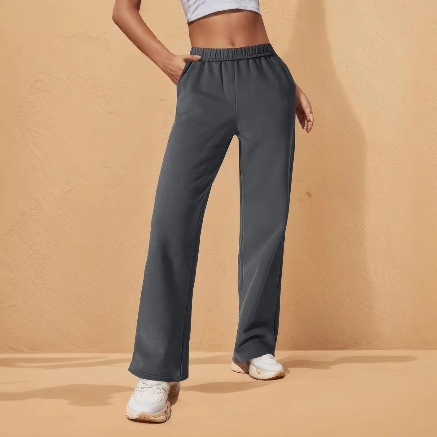 Fleece Wide Leg Sweatpants Women Baggy Lightweight Lounge Pants with Pockets Elastic High Waisted Athletic Pants