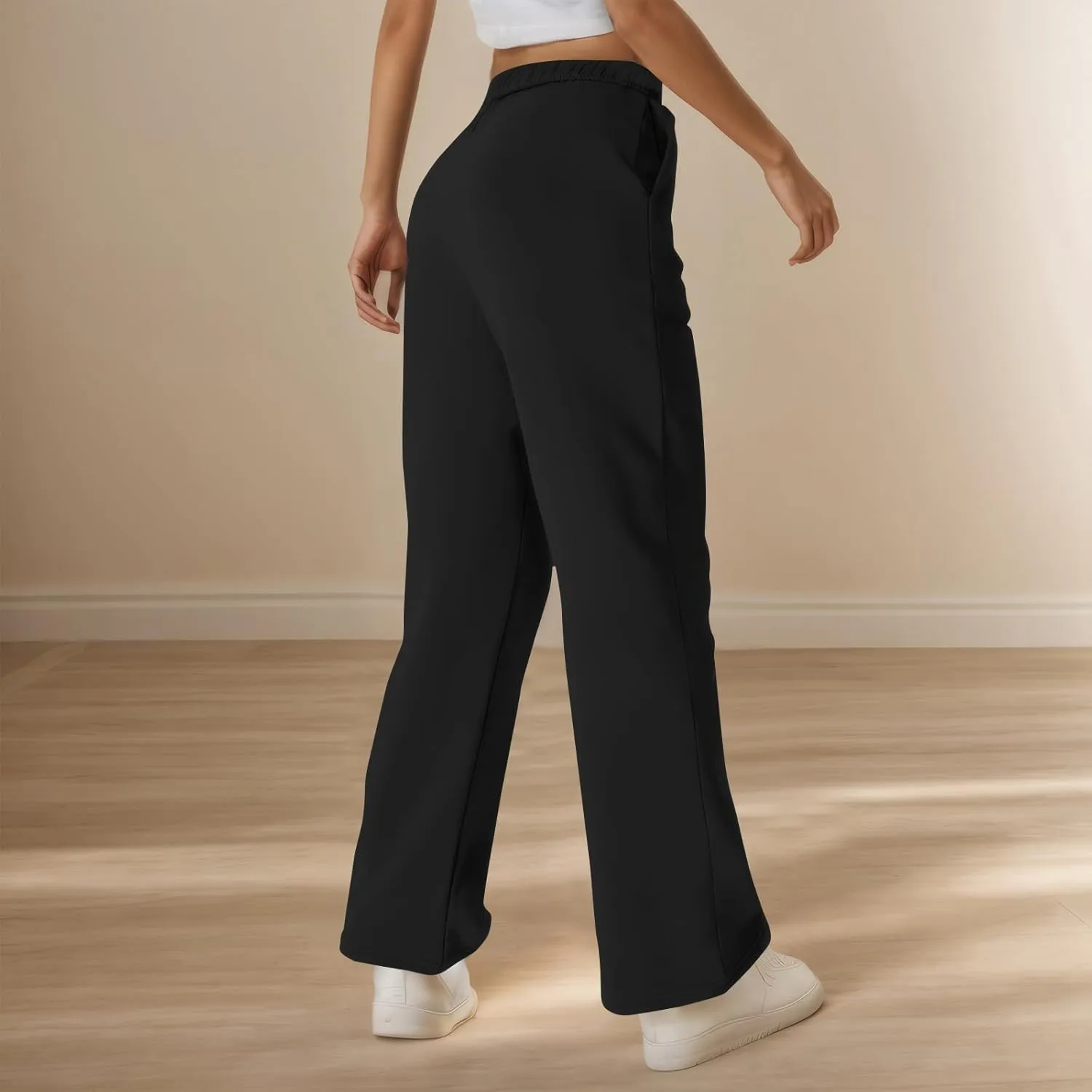 Fleece Wide Leg Sweatpants Women Baggy Lightweight Lounge Pants with Pockets Elastic High Waisted Athletic Pants