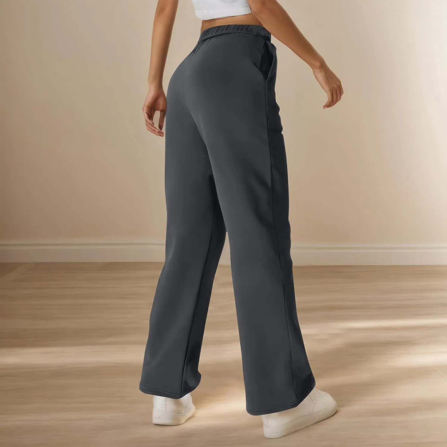 Fleece Wide Leg Sweatpants Women Baggy Lightweight Lounge Pants with Pockets Elastic High Waisted Athletic Pants