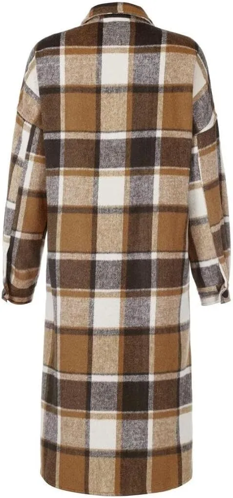FMCHICO Casual Long Plaid Shirts Shacket Jacket Button Down Long Sleeve Shirts Trench Coats for Women
