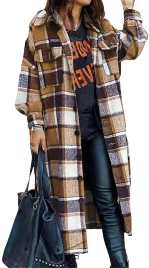FMCHICO Casual Long Plaid Shirts Shacket Jacket Button Down Long Sleeve Shirts Trench Coats for Women