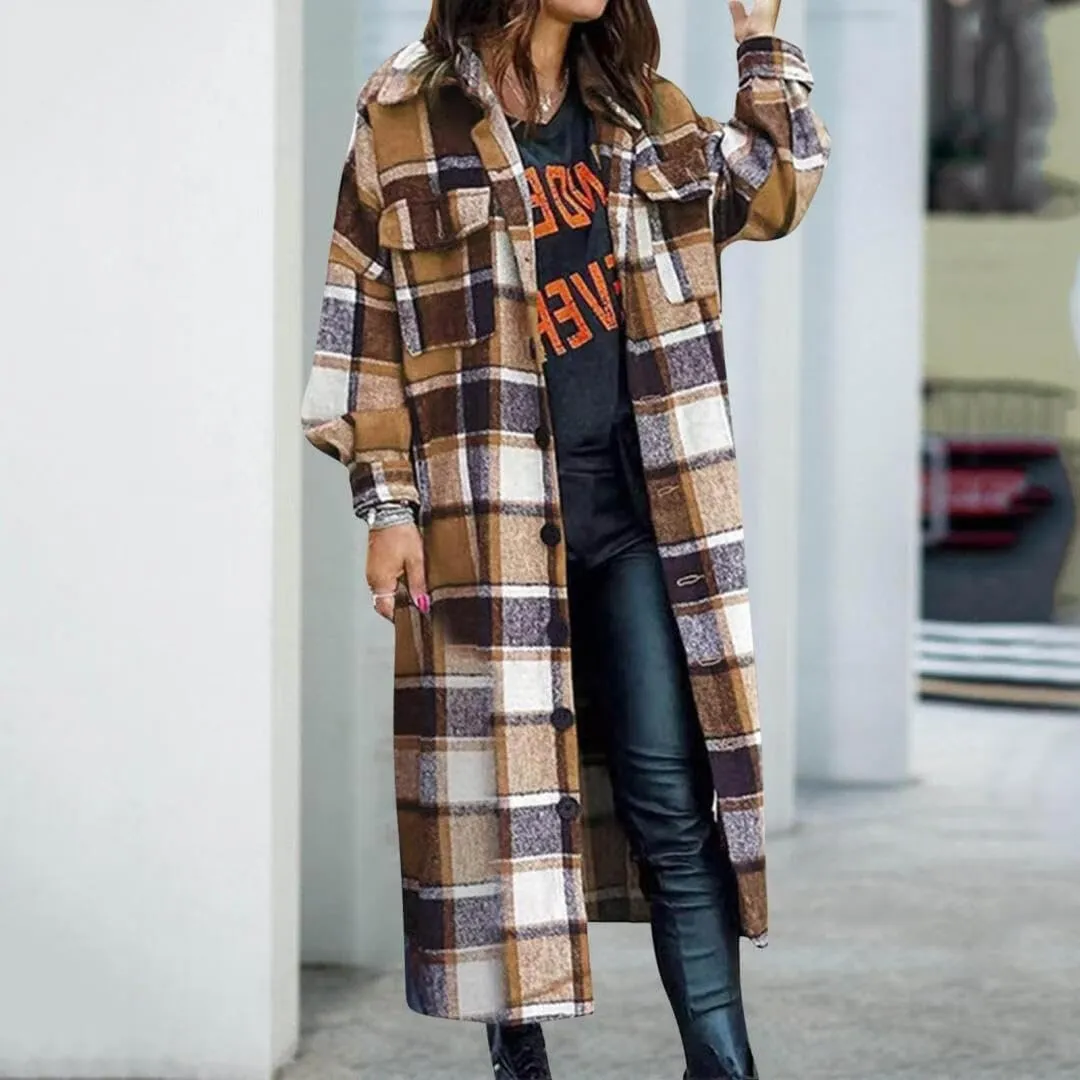 FMCHICO Casual Long Plaid Shirts Shacket Jacket Button Down Long Sleeve Shirts Trench Coats for Women