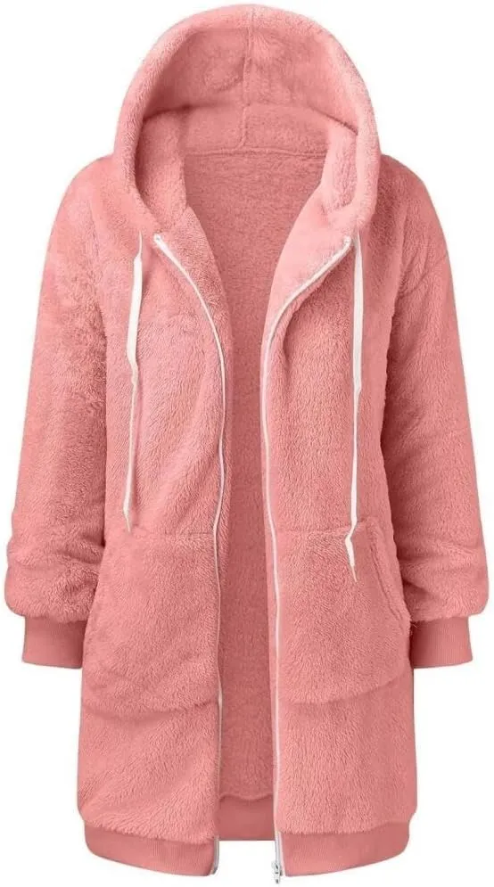 FMCHICO Fleece Coat for Women,Women's Oversized Zip Up Hooded Jacket Winter Plus Size Sherpa Coat