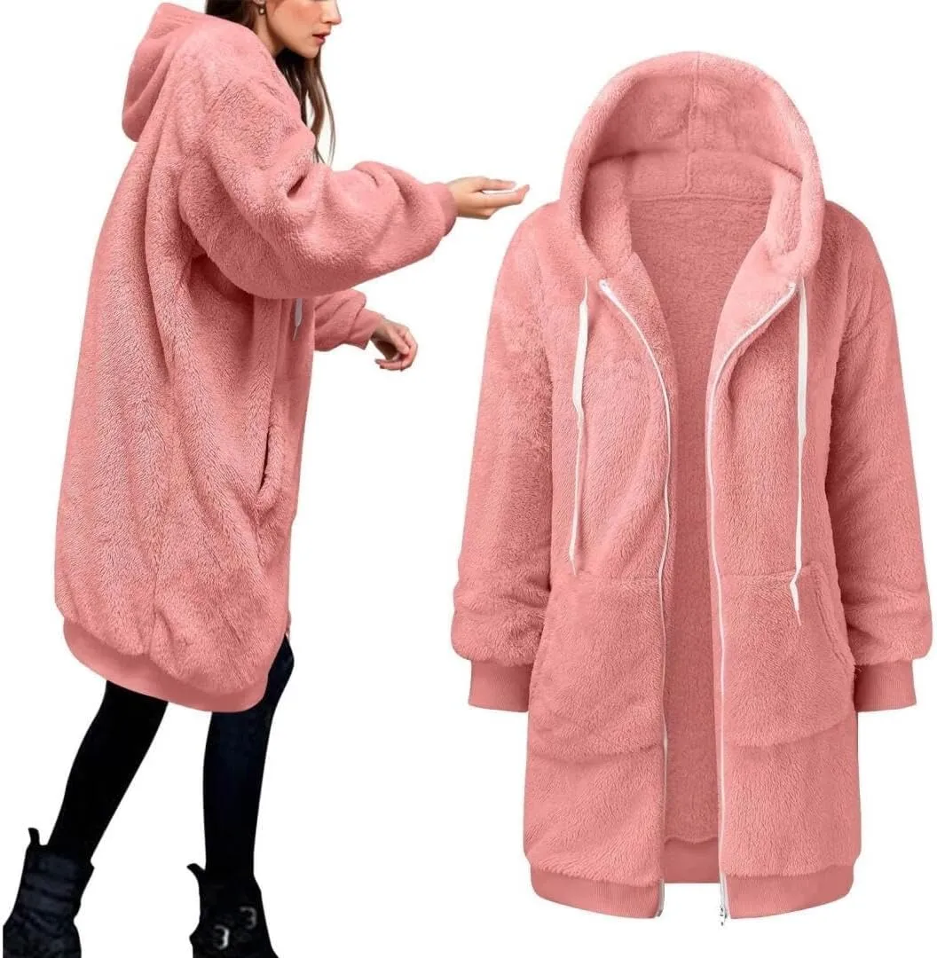 FMCHICO Fleece Coat for Women,Women's Oversized Zip Up Hooded Jacket Winter Plus Size Sherpa Coat