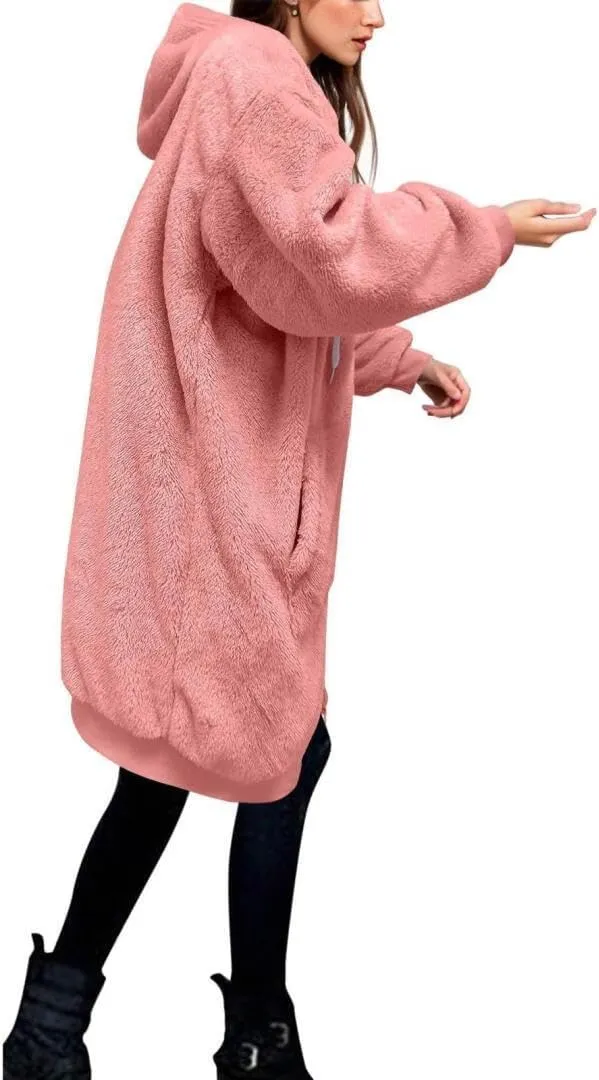 FMCHICO Fleece Coat for Women,Women's Oversized Zip Up Hooded Jacket Winter Plus Size Sherpa Coat
