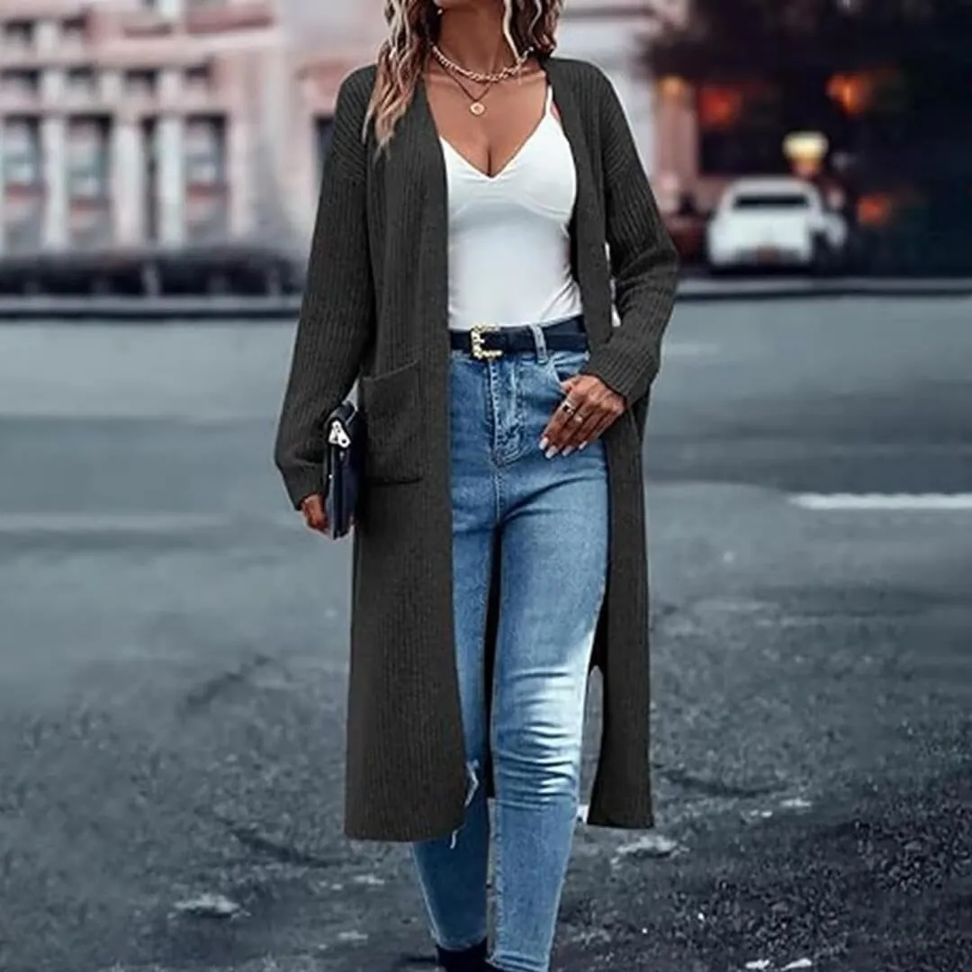FMCHICO Long Cardigan Sweaters for Women Ribbed Knit Open Front Long Sleeve Oversized Fall Casual Coat