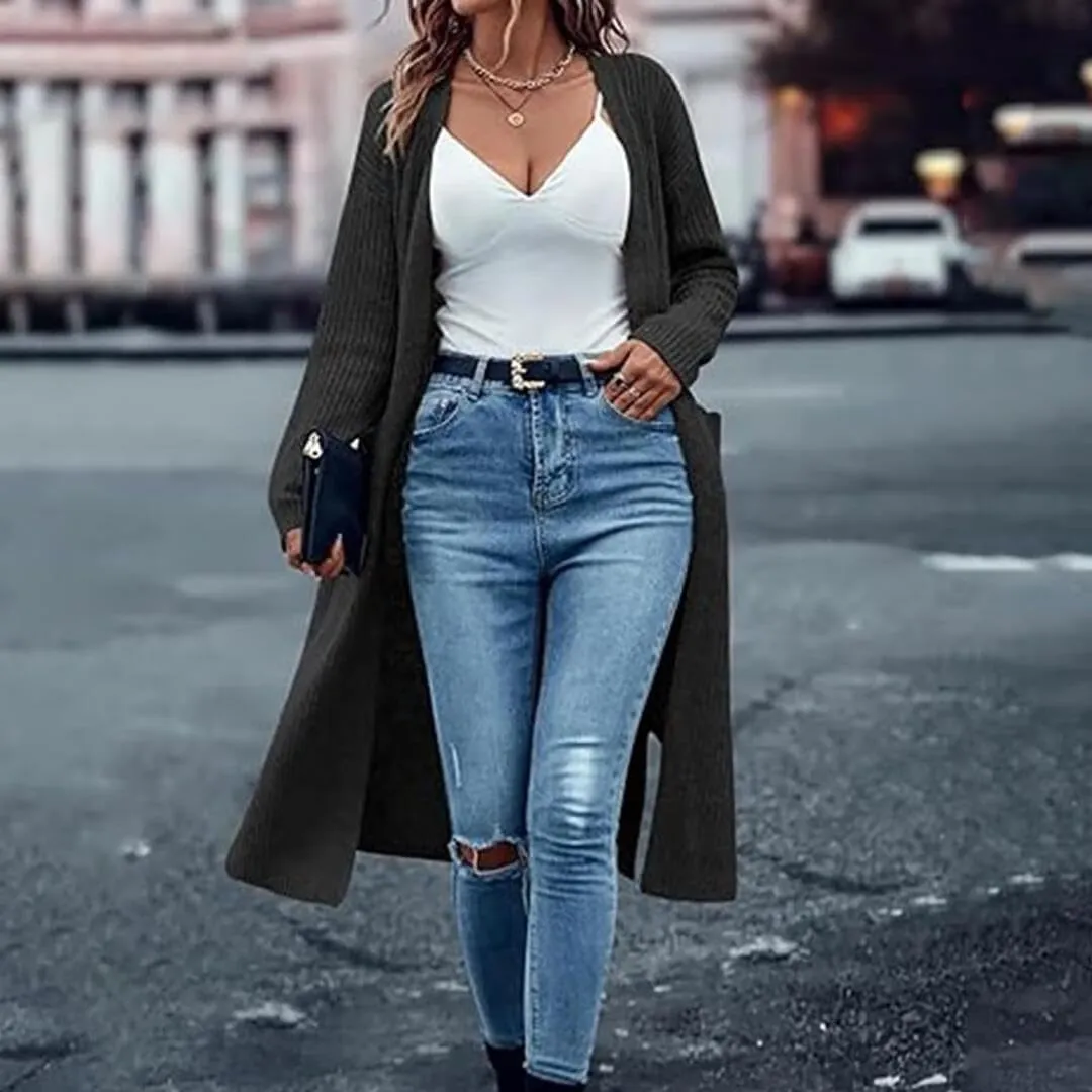 FMCHICO Long Cardigan Sweaters for Women Ribbed Knit Open Front Long Sleeve Oversized Fall Casual Coat