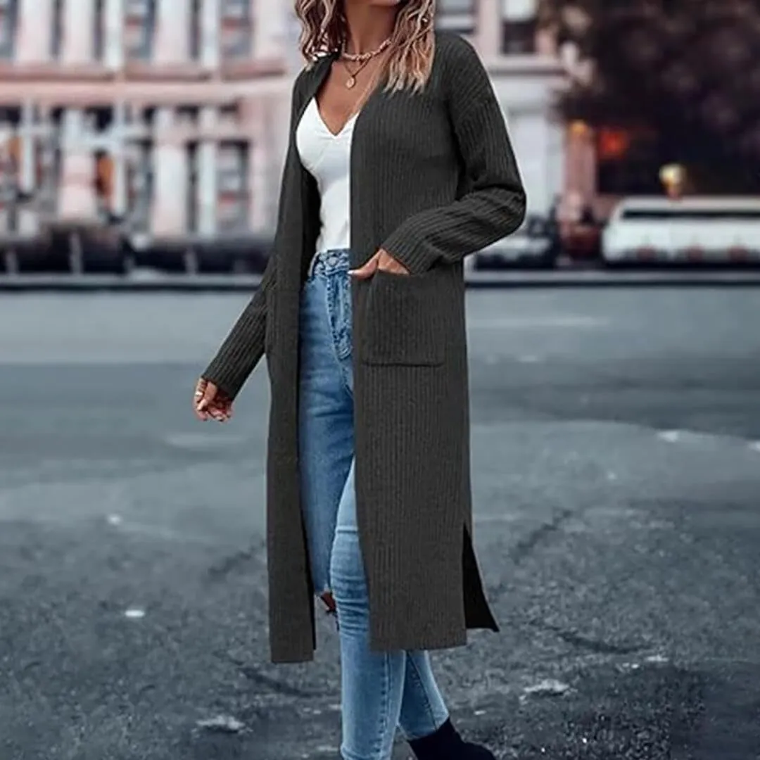 FMCHICO Long Cardigan Sweaters for Women Ribbed Knit Open Front Long Sleeve Oversized Fall Casual Coat