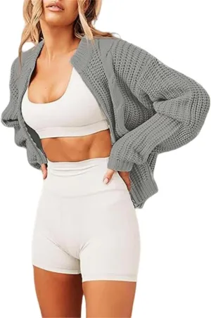 FMCHICO Women's Chunky Knit Open Front Sweater Long Sleeve Zipper Loose Short Cardigan Outerwear Coats