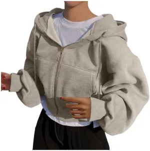 FMCHICO Women's Cropped Zip Up Hoodie Casual Long Sleeve Workout Hooded Sweatshirt Coat
