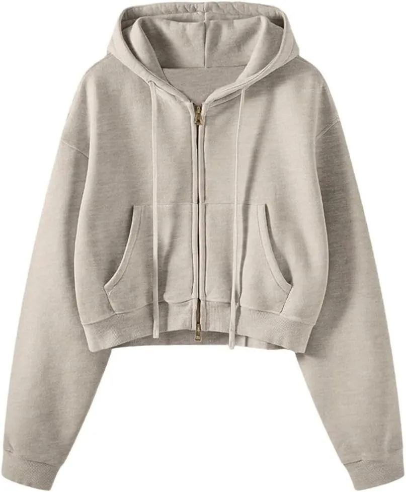 FMCHICO Women's Cropped Zip Up Hoodie Casual Long Sleeve Workout Hooded Sweatshirt Coat