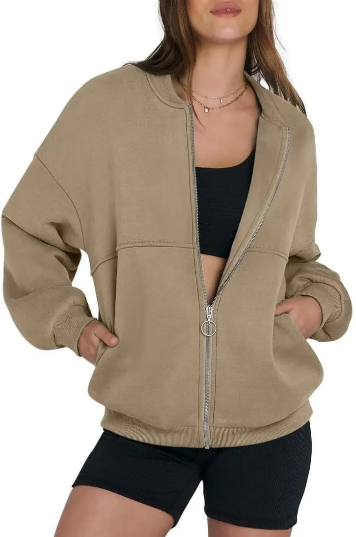 FMCHICO Women's Oversized Full Zip Up Sweatshirts Jacket 2024 Fall Fleece Long Sleeve Hoodies Outfit