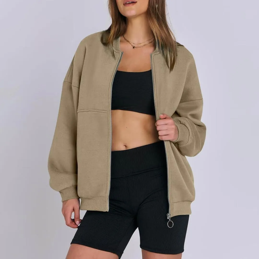 FMCHICO Women's Oversized Full Zip Up Sweatshirts Jacket 2024 Fall Fleece Long Sleeve Hoodies Outfit