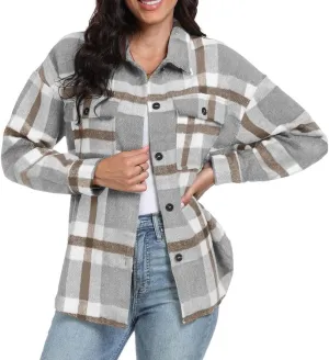 FMCHICO Women's Plaid Shirts Long Sleeve Flannel Lapel Button Down Cardigan Boyfriend Shacket Jacket Coats