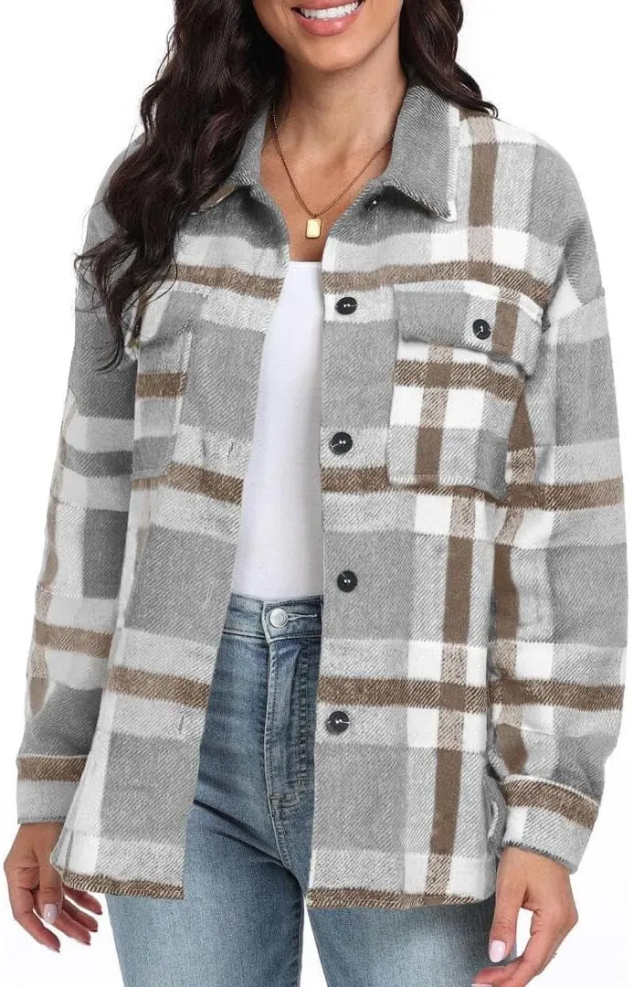 FMCHICO Women's Plaid Shirts Long Sleeve Flannel Lapel Button Down Cardigan Boyfriend Shacket Jacket Coats
