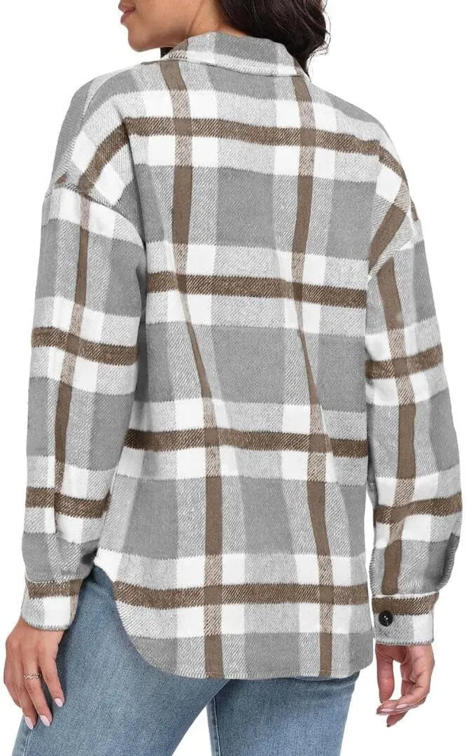 FMCHICO Women's Plaid Shirts Long Sleeve Flannel Lapel Button Down Cardigan Boyfriend Shacket Jacket Coats