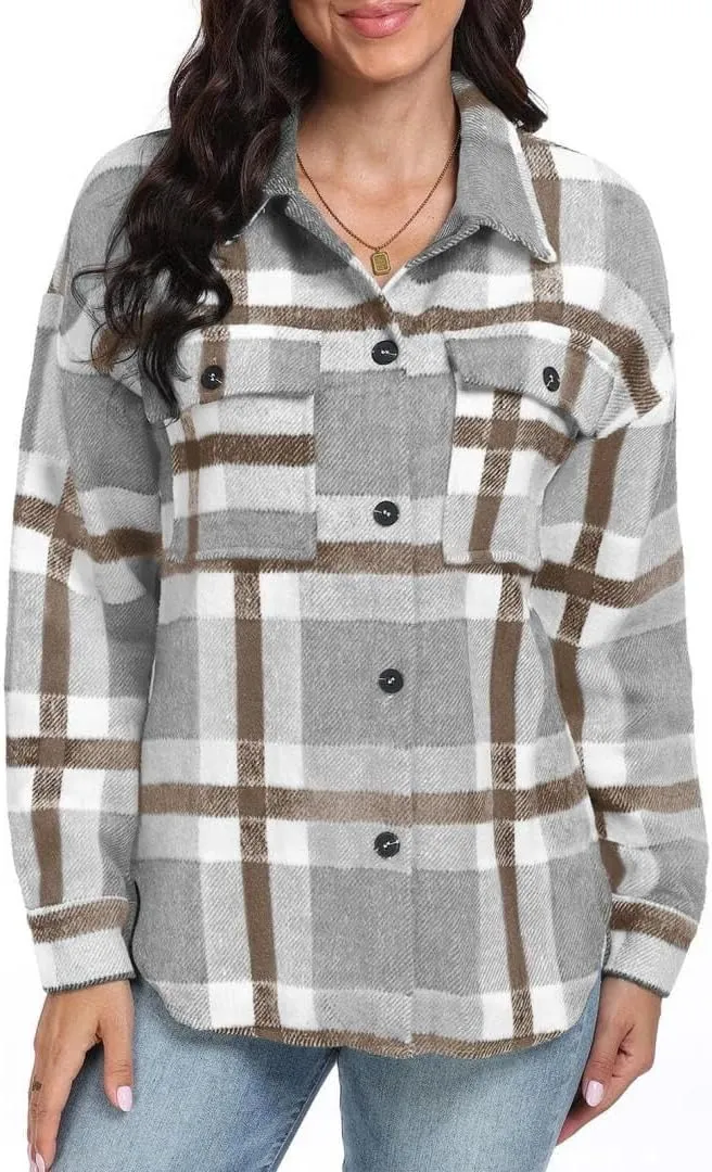 FMCHICO Women's Plaid Shirts Long Sleeve Flannel Lapel Button Down Cardigan Boyfriend Shacket Jacket Coats