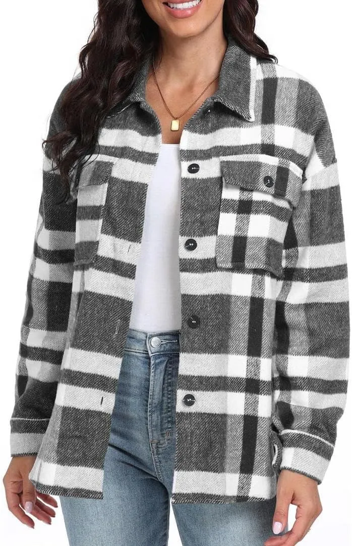 FMCHICO Women's Plaid Shirts Long Sleeve Flannel Lapel Button Down Cardigan Boyfriend Shacket Jacket Coats