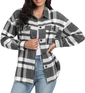 FMCHICO Women's Plaid Shirts Long Sleeve Flannel Lapel Button Down Cardigan Boyfriend Shacket Jacket Coats