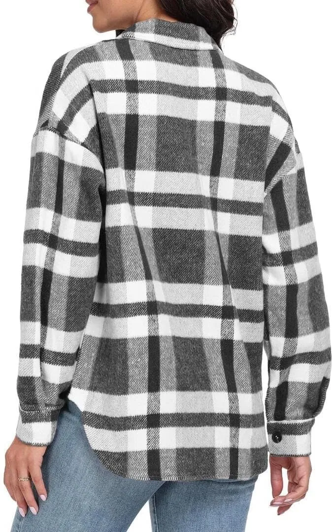 FMCHICO Women's Plaid Shirts Long Sleeve Flannel Lapel Button Down Cardigan Boyfriend Shacket Jacket Coats