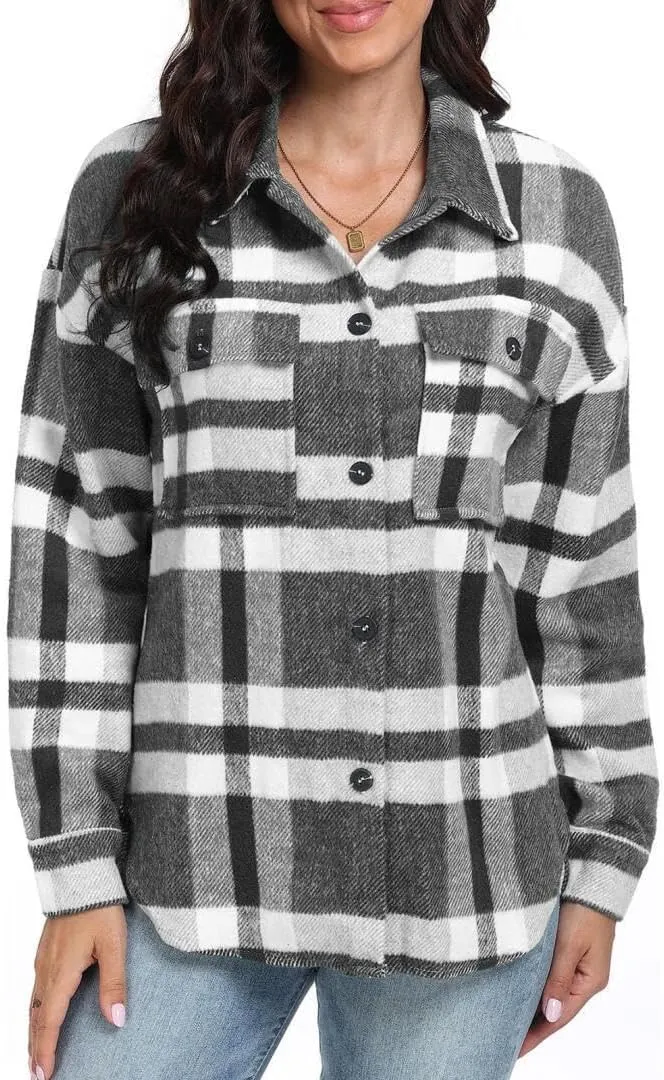 FMCHICO Women's Plaid Shirts Long Sleeve Flannel Lapel Button Down Cardigan Boyfriend Shacket Jacket Coats