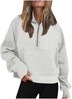 FMCHICO Womens Sweatshirts Half Zip Cropped Pullover Fleece Quarter Zipper Hoodies Fall outfits Clothes Thumb Hole