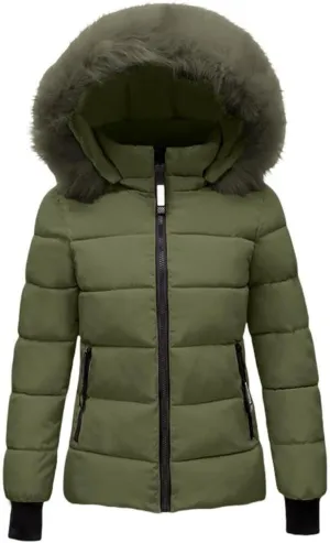 FMCHICO Women's Winter Puffer Coat Thicken Down Jacket Waterproof Faux Fur Detachable Hooded Parka