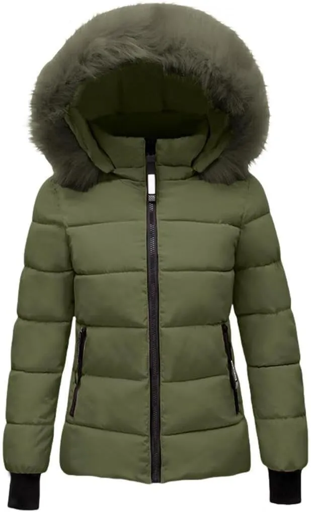 FMCHICO Women's Winter Puffer Coat Thicken Down Jacket Waterproof Faux Fur Detachable Hooded Parka