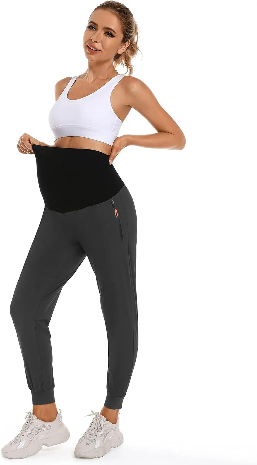 Foucome Women's Maternity Joggers Quick Dry Zipper Pockets Scrub Pants Pregnancy Sweatpants