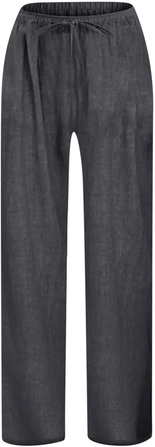 Girls Linen Pants High Waisted Loose Fit Girls Pants Size 10-12 Casual Summer Wide Leg Drawstring Trousers with Pockets