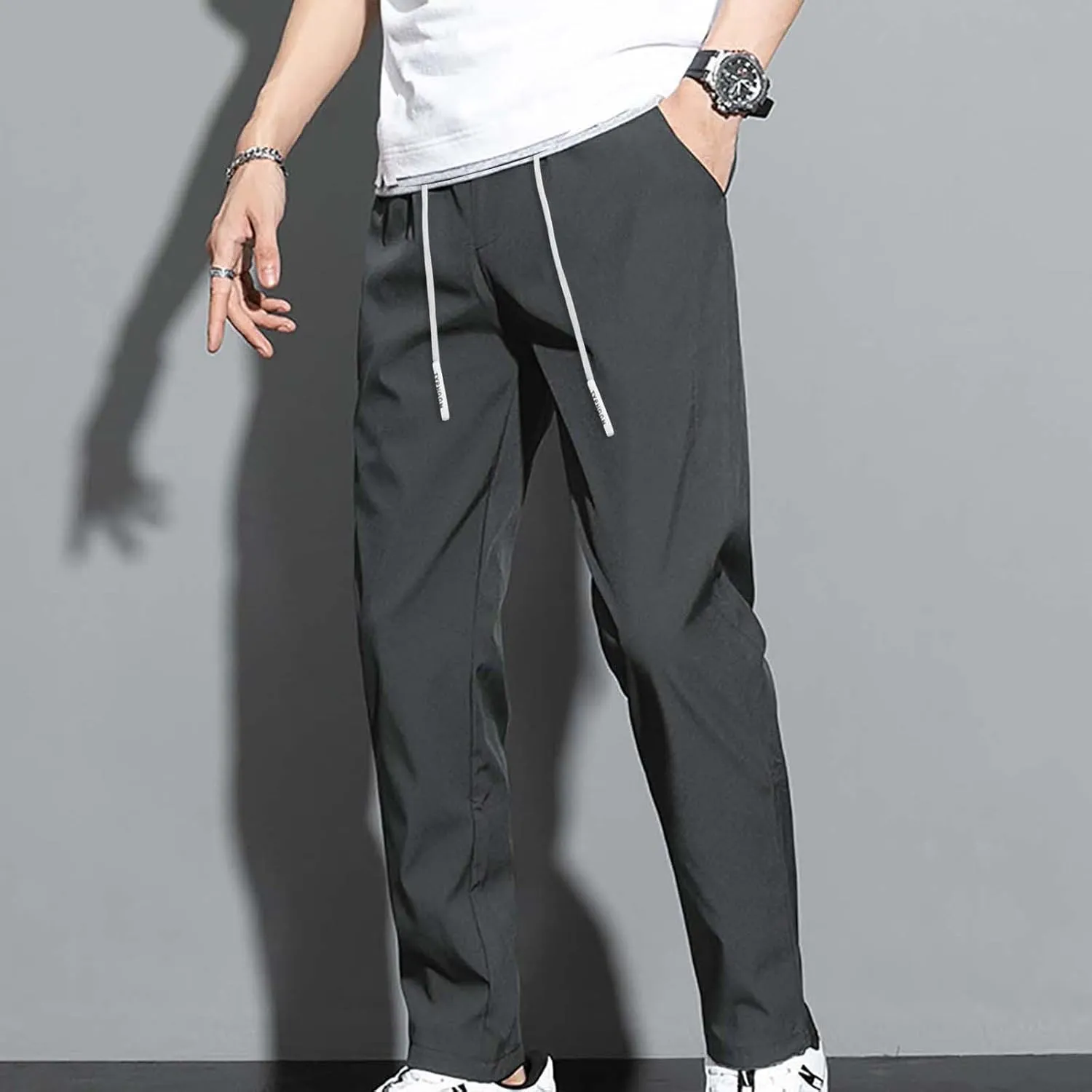 Glide Pants Men Thin Ice Silk Quick Dry Elastic Drawstring Sweatpants Breathable Slim Casual Fashion Joggers Trousers