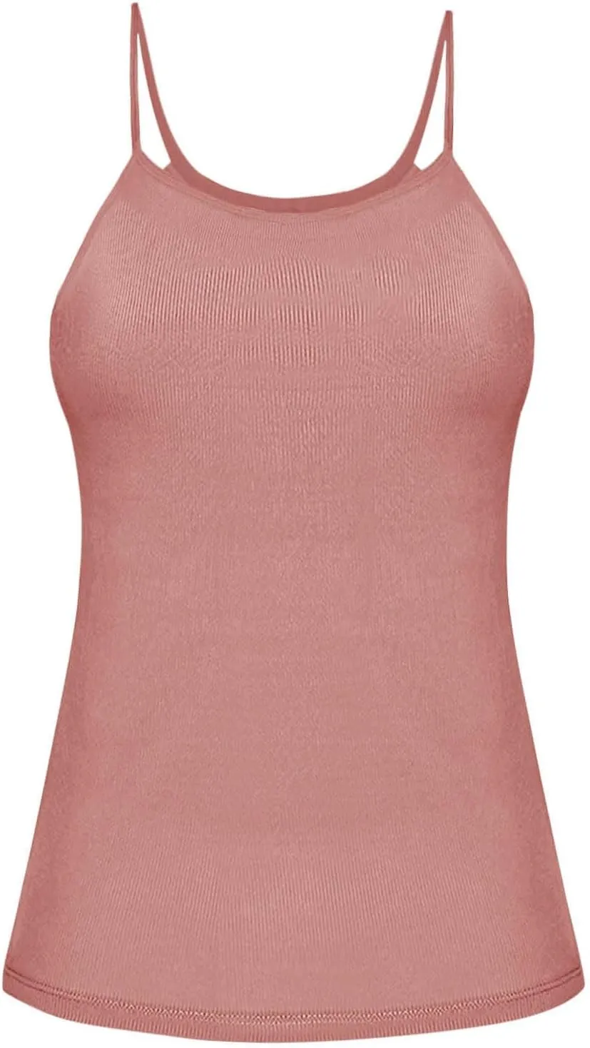 HGps8w Women's Ribbed Tank Tops with Built in Bras - Basic Summer Spaghetti Strap Padded Camisole Workout Yoga Shirts