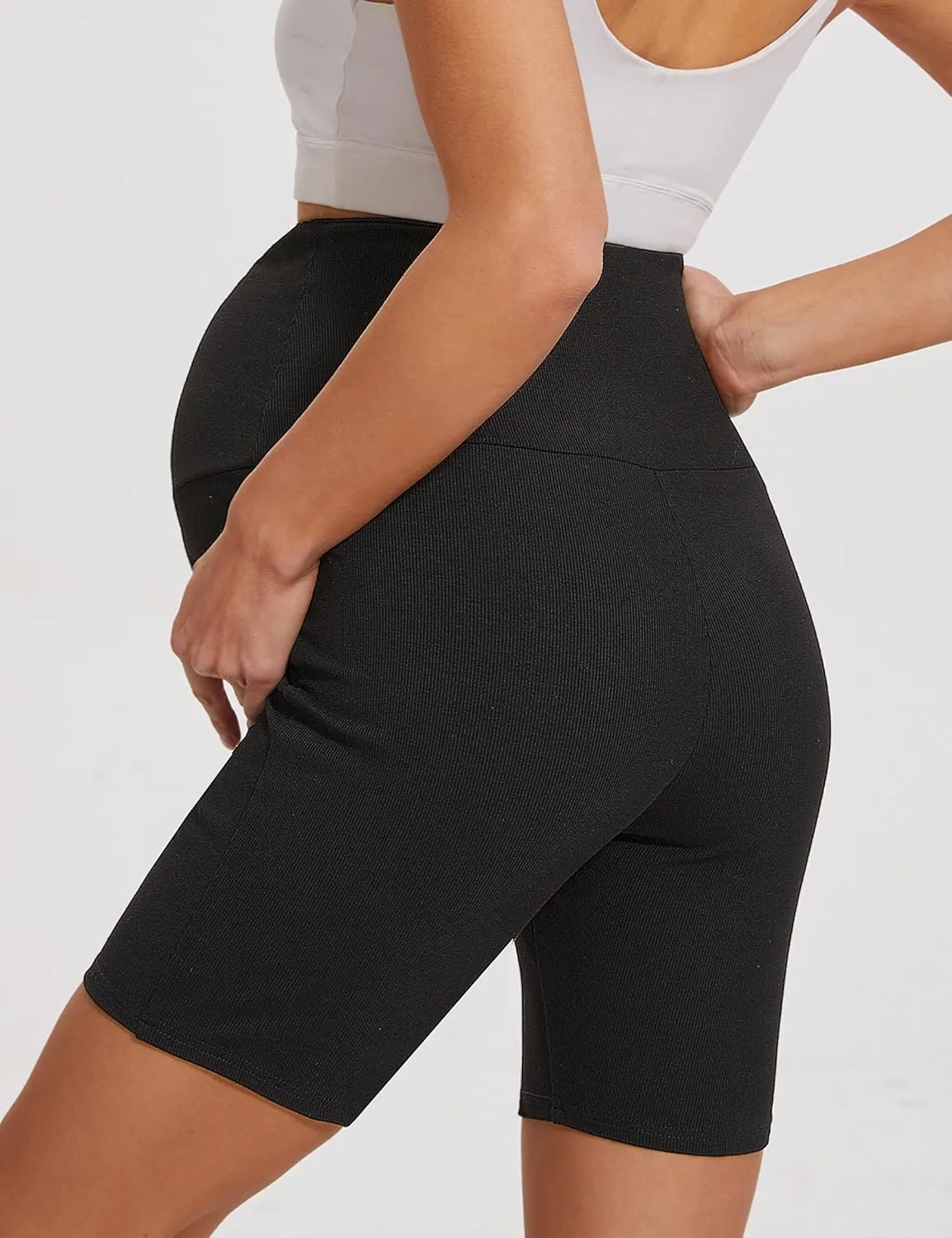 High Waisted 7" Ribbed Maternity Biker Shorts Active Wear Lounge Workout Pregnancy Shorts