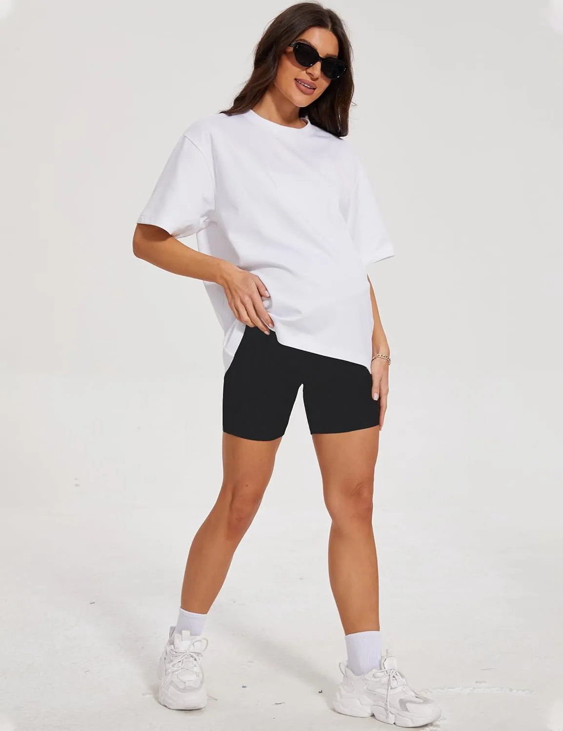 High Waisted 7" Ribbed Maternity Biker Shorts Active Wear Lounge Workout Pregnancy Shorts