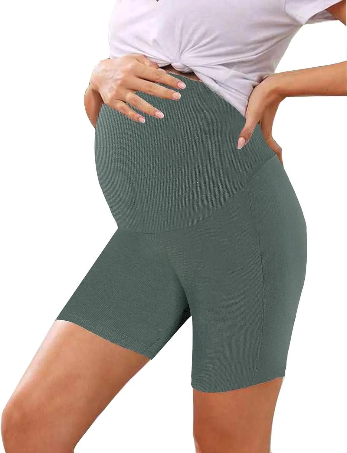 High Waisted 7" Ribbed Maternity Biker Shorts Active Wear Lounge Workout Pregnancy Shorts