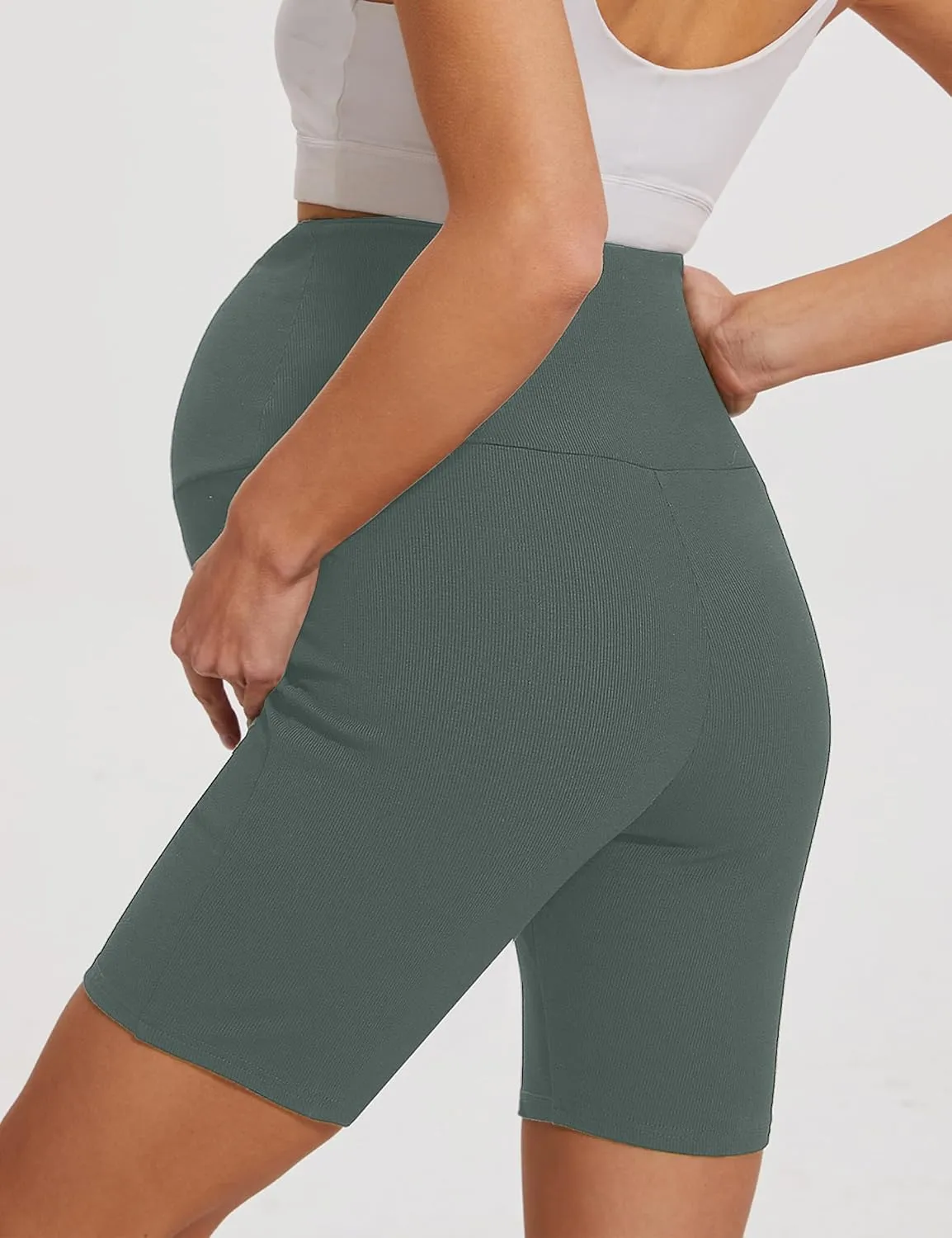 High Waisted 7" Ribbed Maternity Biker Shorts Active Wear Lounge Workout Pregnancy Shorts